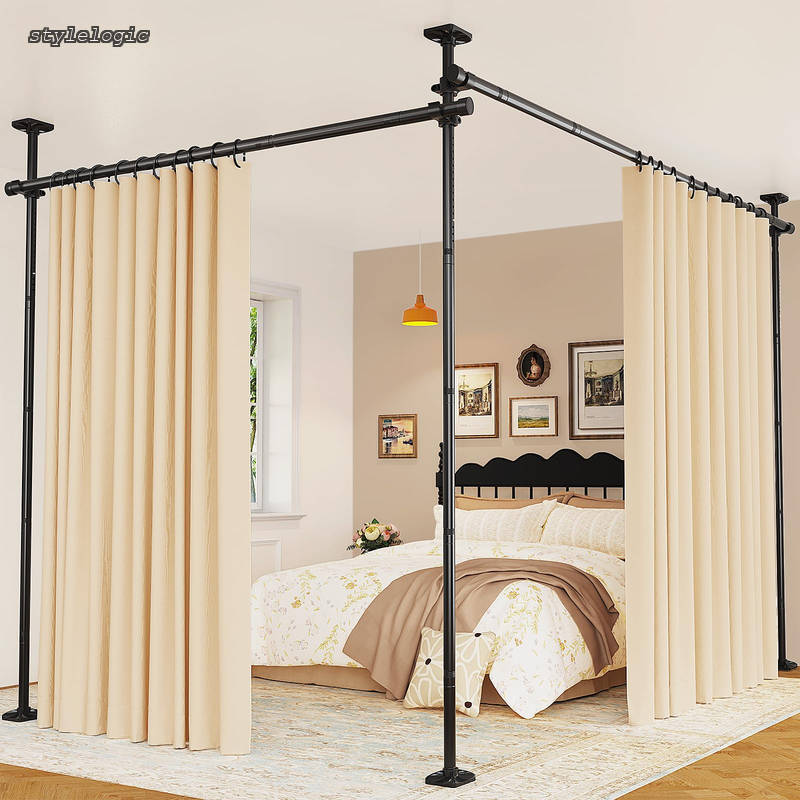 Rakuten - 【送料無料】突っ張り式 パーテーション 間仕切り 高さ122~305cm×幅71~290cm 部屋の間仕切 カーテンレール カーテンポール 縦横伸縮自在 高さ調節可 取付簡単 非破壊設置 工具不要 おしゃれ ブラック