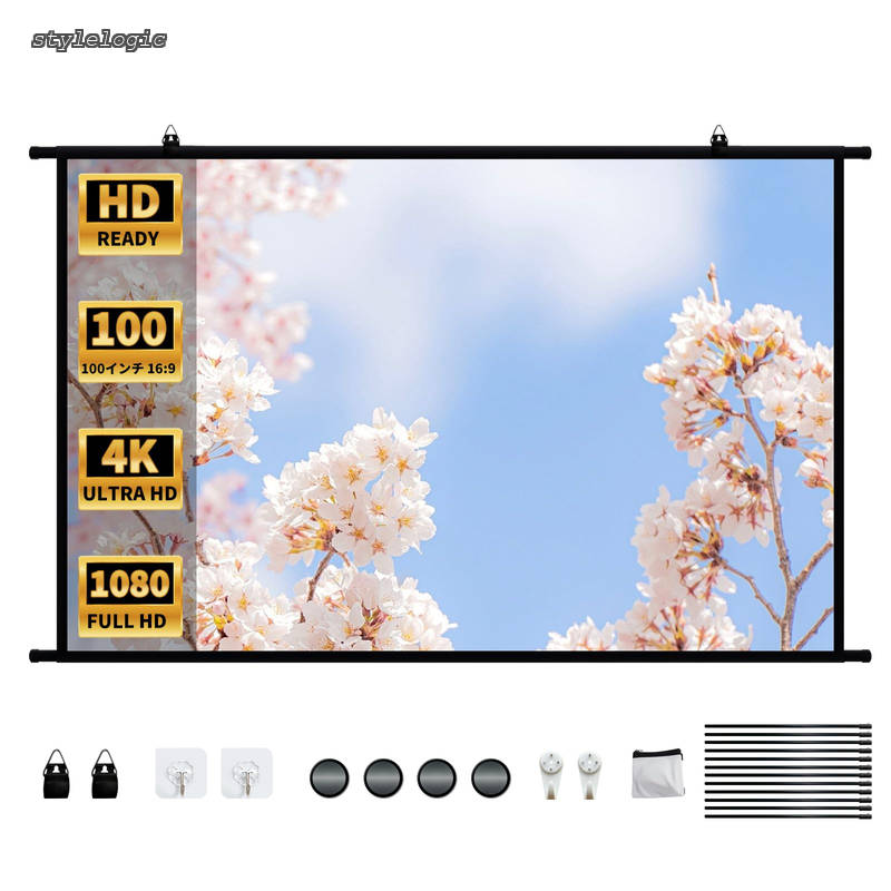 【送料無料】100インチワイド 16:9 プロジェクター 掛け軸タイプ 手動吊り下げ式 スクリーン 軽量持ち運び 家庭用 き投影 オフィス ホームシアター プレゼンテーション ビジネス会議 教具 大型 4Kフルハイビジョン対応 屋内屋外兼用