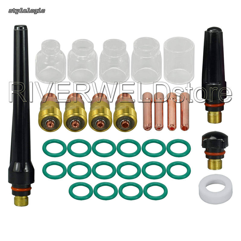 【送料無料】TIG スタビー ガスレンズ コレットボディ & #5#6#7#8#10 パイレックスカップ キット For DB SR WP 17 18 26 TIG トーチ 溶接アクセサリー 33個
