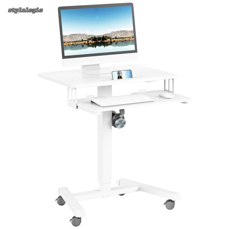 Rakuten - 【送料無料】昇降デスク スタンディングデスク ガス圧 サイドテーブル 幅65cm×奥行45cm 耐荷重20KG キャスター付き 無段階高さ調節 パソコンデスク オフィスワークテーブル 移動式 寝室 ベッド 在宅勤務（二層 白）