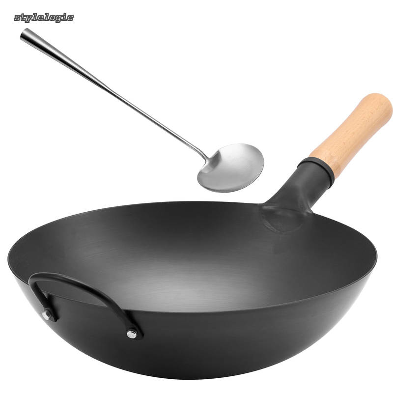 Rakuten - 【送料無料】中華鍋 36cm 窒化鉄鍋 IH ガス対応 無塗装 炒め鍋 木製ハンドル 蒸す 茹でる 煮る 揚げる 家庭用 焦げ付きにくい お玉付き
