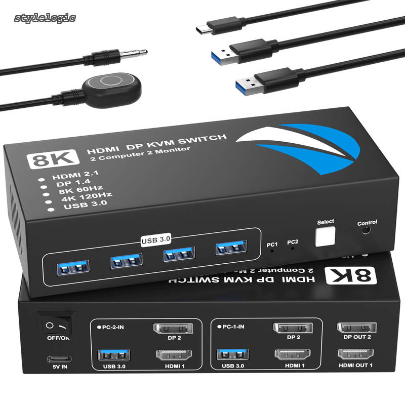 HDMI+DisplayPort KVMスイッチ 2入力2出力 パソコン2台モニター2台切り替え KVM 切替器 デュアルモニター 5Gbps 4つのUSB 3.0ポート キーボード/マウス/プリンター/他のデバイス対応 パソコン切替機 PC 切替機 USB 切替器 DisplayPort セレク