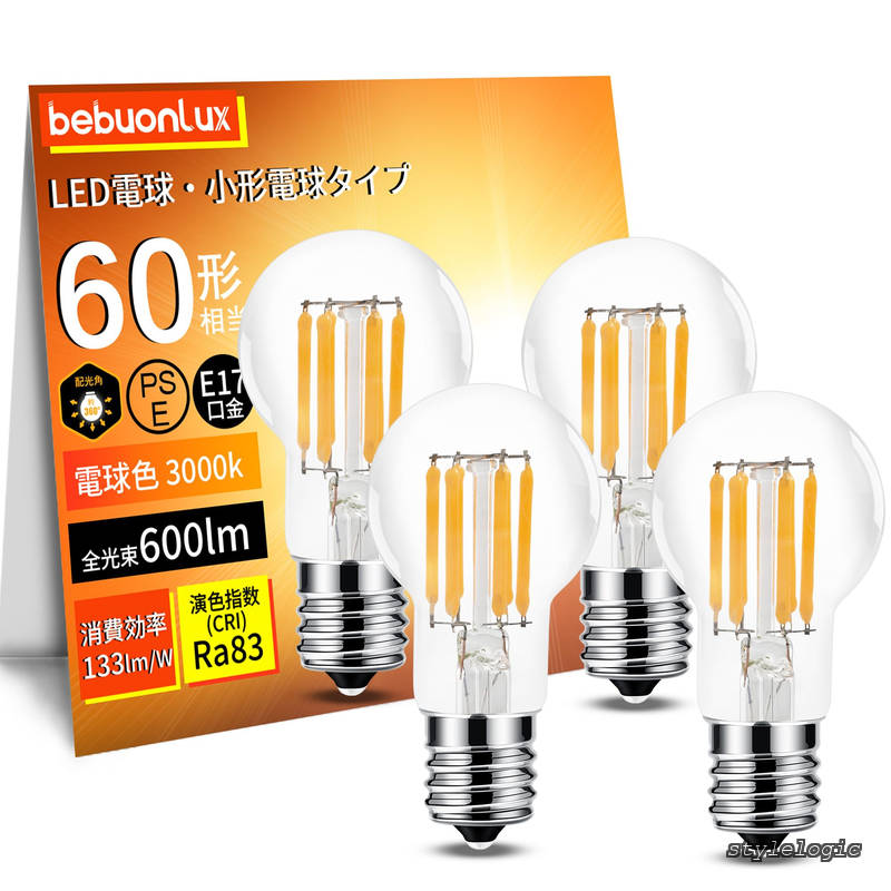 【送料無料】口金直径17mm LED電球 60W形相当 電球色 全方向タイプ 省エネ ミニランプ形 クリア電球 密閉器具 断熱材施工器具 調光器非対応 4個入り