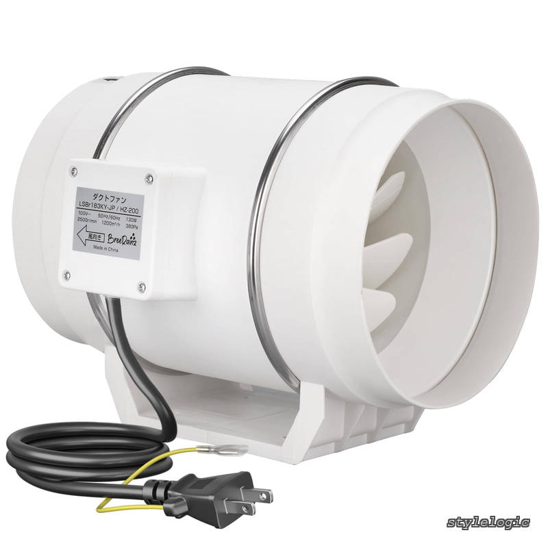Rakuten - 【送料無料】ダクトファン Φ200mm ダクト用換気扇 1200m3/h 大風量 強力 省エネ 排気ファン 中間取付 塗装ブース用 家焼肉 家庭用 業務用 排風機 丸形タイプ 日本仕様電源プラグ (200mm)