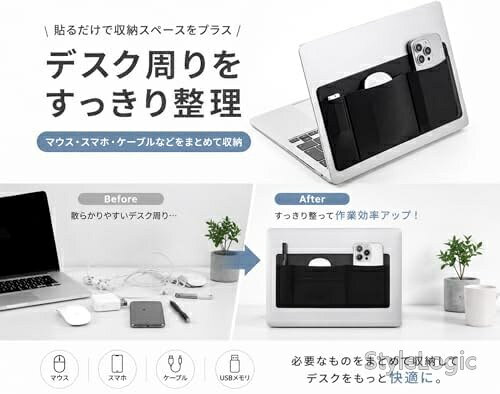 【送料無料】ノートパソコン 収納ポケット 貼り付け式 ガジェットポーチ PC背面収納 3ポケット マウス ケーブル 小物整理 薄型 軽量 テレワーク 在宅勤務 ブラック stylelogic-10113124 StyleLogic サンプル画像2