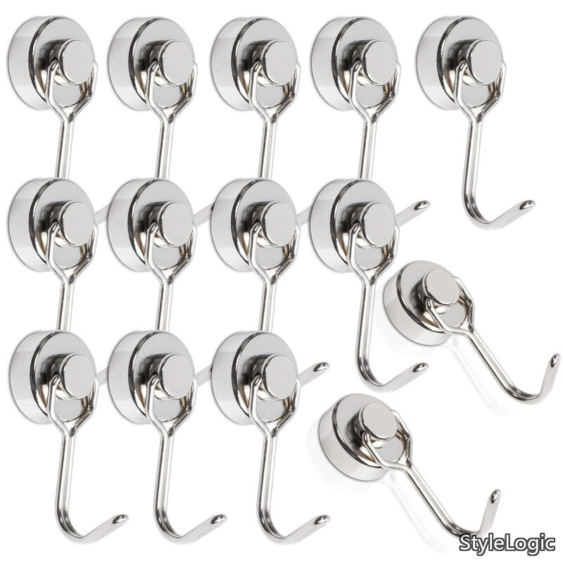 【送料無料】14個セット 超強力マグネットフック 直径20mm 垂直耐荷重15kg 強力 ネオジム磁石 磁石フック 回転式 収納 フック 金属製 壁付け フック 磁石付き キッチン 玄