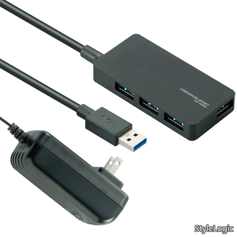 【送料無料】USB3.0 ハブ 4ポート 1m ACアダプタ付 セルフ/バス両対応 MacBook / Surface Pro / Chromebook他 ノートPC Nintendo Switch対応 ブラック U3H-A408SBK