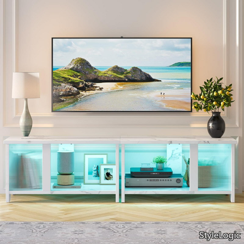 Rakuten - 【送料無料】テレビ台 140幅テレビボード 32/40/50/55型対応tv台 木目調テレビラック 白 大容量収納棚 LEDライト ローボード 木製 異素材 モダン 組み立て簡単（140×35×5