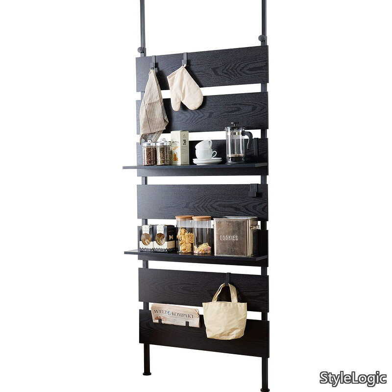 【送料無料】突っ張り ラック つっぱり 棚 壁面収納 ウォールラック 【DIY・穴あけ・工事が不要】簡単取付 段差対応 木目調 幅80 スリム ブラック KTR-3148BK