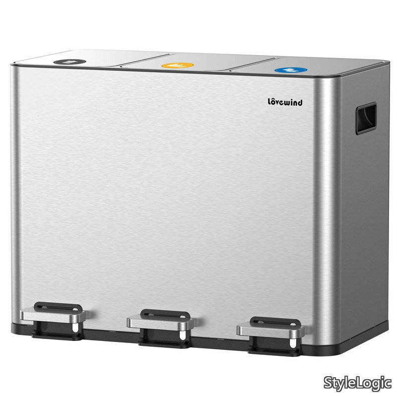 Rakuten - 【送料無料】3x15L キッチンゴミ箱 分? 蓋付き 3コンパートメント ステンレス製ゴミ箱 取り外し可能なインナーバケツ付き キッチン/ホームオフィス用大型ゴミ箱 サイレン