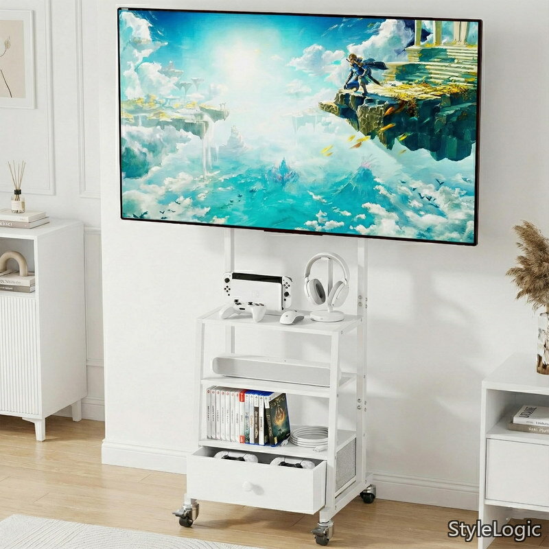 Rakuten - 【送料無料】32~55インチ対応 引き出し付き ハイタイプ tvスタンド 移動式 壁寄せ 二重支柱設計 高さ調節可能 テ 棚付き 耐荷重45kg 省スペース 家用?会社用?業務用（ホワ