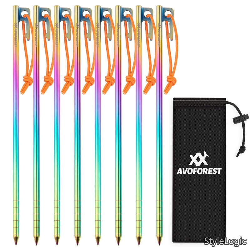 AVOFOREST 焼き色 ペグ 25CM チタン合金 レーザー一体化溶接 反射材入り 固定ロープ付き 超軽量 高強度 8本セット テント用 タープ用 アウトドア/キャンプ 用