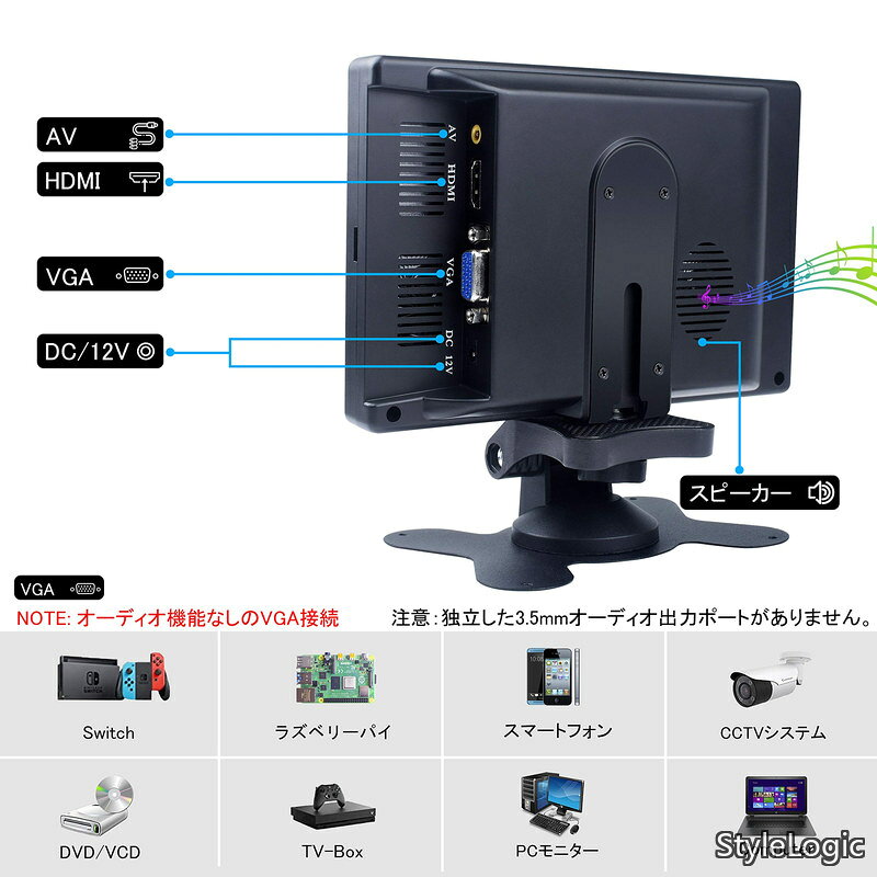 【送料無料】7インチ [178°全視野] 1080P IPS ミニ HDMI 液晶小型ディスプレイ(1024×600) HD内蔵スピーカー付き HDMI VGA AVポート 防犯カメラ用モニター DSLR/PC/DVD Ra stylelogic-10081771 StyleLogic サンプル画像2