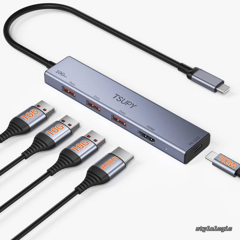 【送料無料】USB C ハブ 5-in-1 100W USB PD充電対応 4K 60Hz HDMI映像出力 10Gbps 高速データ転送 3*USB-A 3.2 アルミ製スリム設計 30cm延長ケーブル USB3.2 Gen2 MacBook/iPad/Surface/XPS/Thinkpad対応