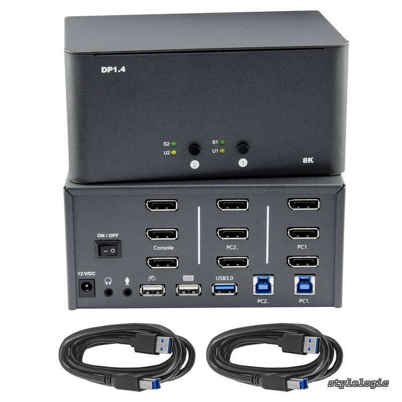 Rakuten - 【送料無料】DisplayPortスイッチ、USB 3.0ジャック、キーボードとマウスの共有セット、コンピューター2台用、Windows/Mac/Linux対応 (トリプルモニター) (KVM-DP2-3)
