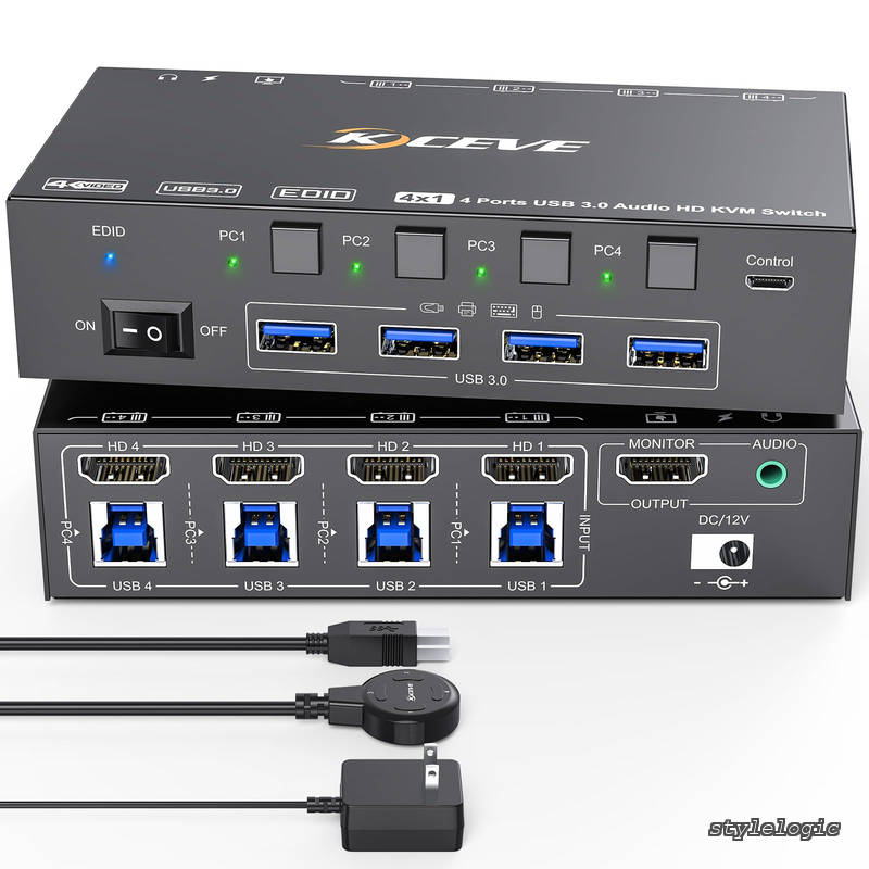 乐天商城 - 【送料無料】スイッチ 4 台のコンピューター 8K@60Hz 4K@120Hz、シミュレーション EDID、4 台のコンピューター用 USB3.0 KVM スイッチ、1 台のモニターを共有、キーボード、マウス、ヘッドセットを共有、有線リモコン、12V 電源アダプター、USB3.0 ケーブル付き