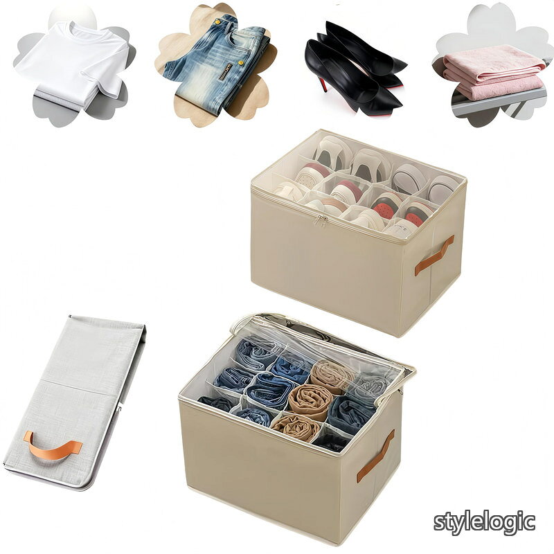 Rakuten - 【送料無料】シューズボックス 透明窓付き 折りたたみ 布製収納ケース 蓋付き 取っ手付き 大容量 靴/衣類収納 玄関/クローゼット用 (ベージュ 43×32×30cm 2個)