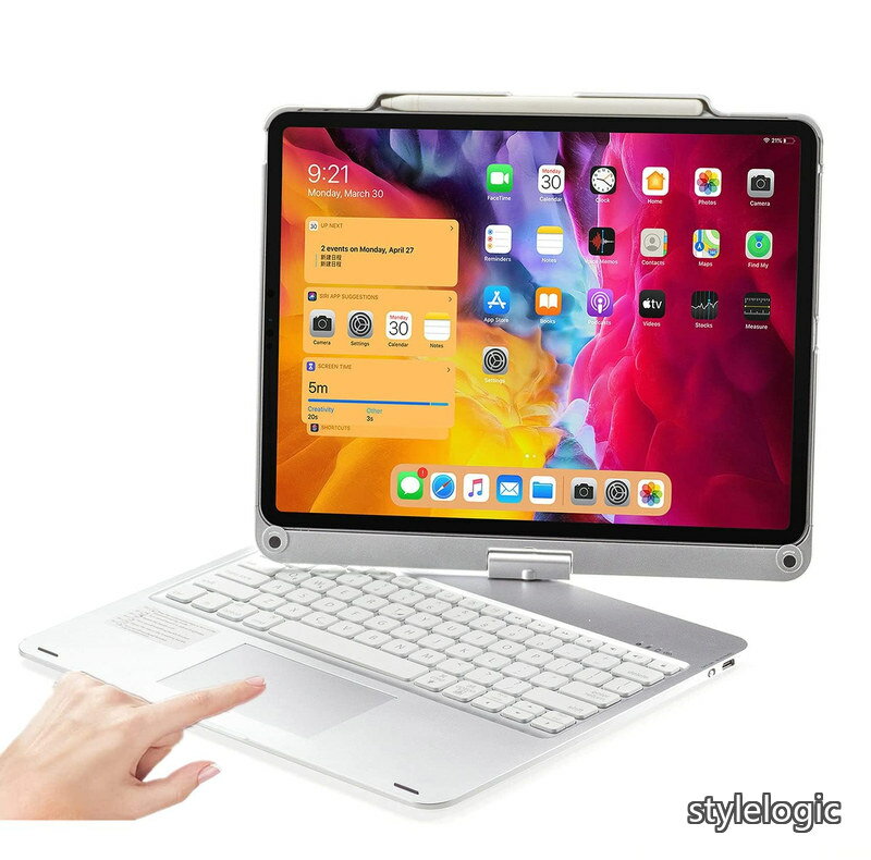【送料無料】ケース 用の iPad Air 13インチ (M3 2025/M2 2024)/Pro12.9 第6/5/4/3世代 360度回転式 タッチパッド ペンシル収納 ワイヤレスbluetoothキーボード アルミ 7色バックライト 銀
