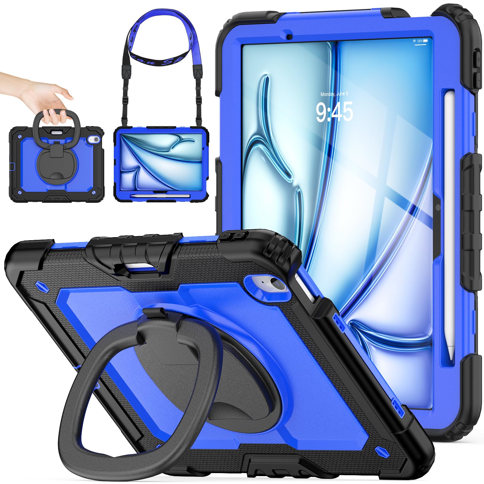【まとめ買いで最大1000円OFFクーポン!】【送料無料】stock iPad Air(M3/M2) 11インチ（2025/2024）リングハンドル耐衝撃ケース 保護フィルム付き前面カバー ペン収納 360°回転リングハンドルスタンド ショルダーストラップ iPad Air 11 第7/6世代専用型（ブルー）