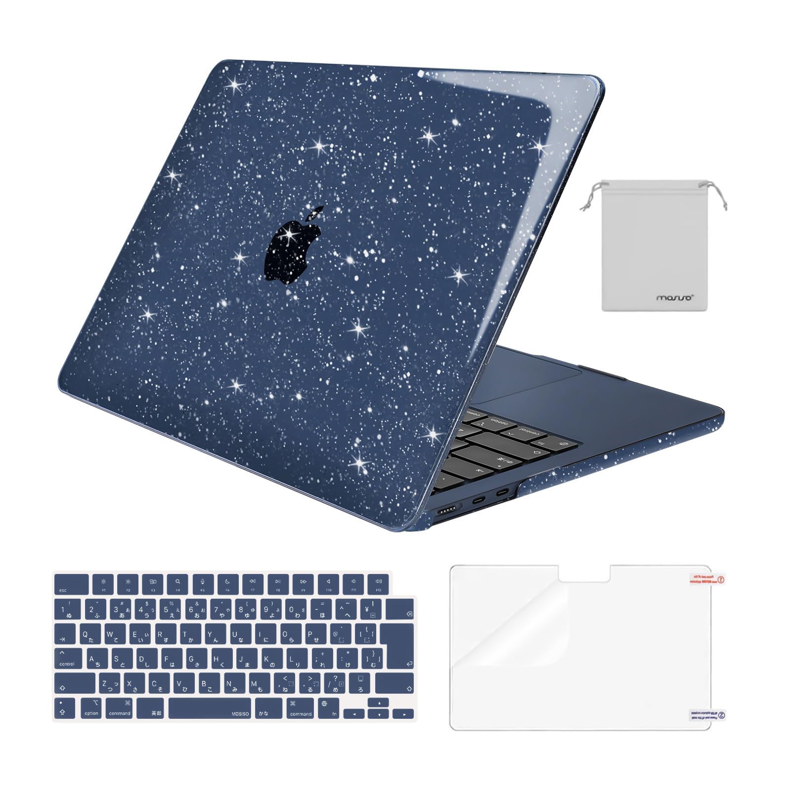 【まとめ買いで最大1000円OFFクーポン!】【送料無料】対応機種 MacBook Air ケース 13インチ M2 M3 M4チップ A3240 A3113 A2681 2026-2022発売、キラキラ 保護 対応機種 MacBook Air 13.6インチ プラスチック ハードカバー & (日本語JIS配列)キーボードカバー & スクリーンプ