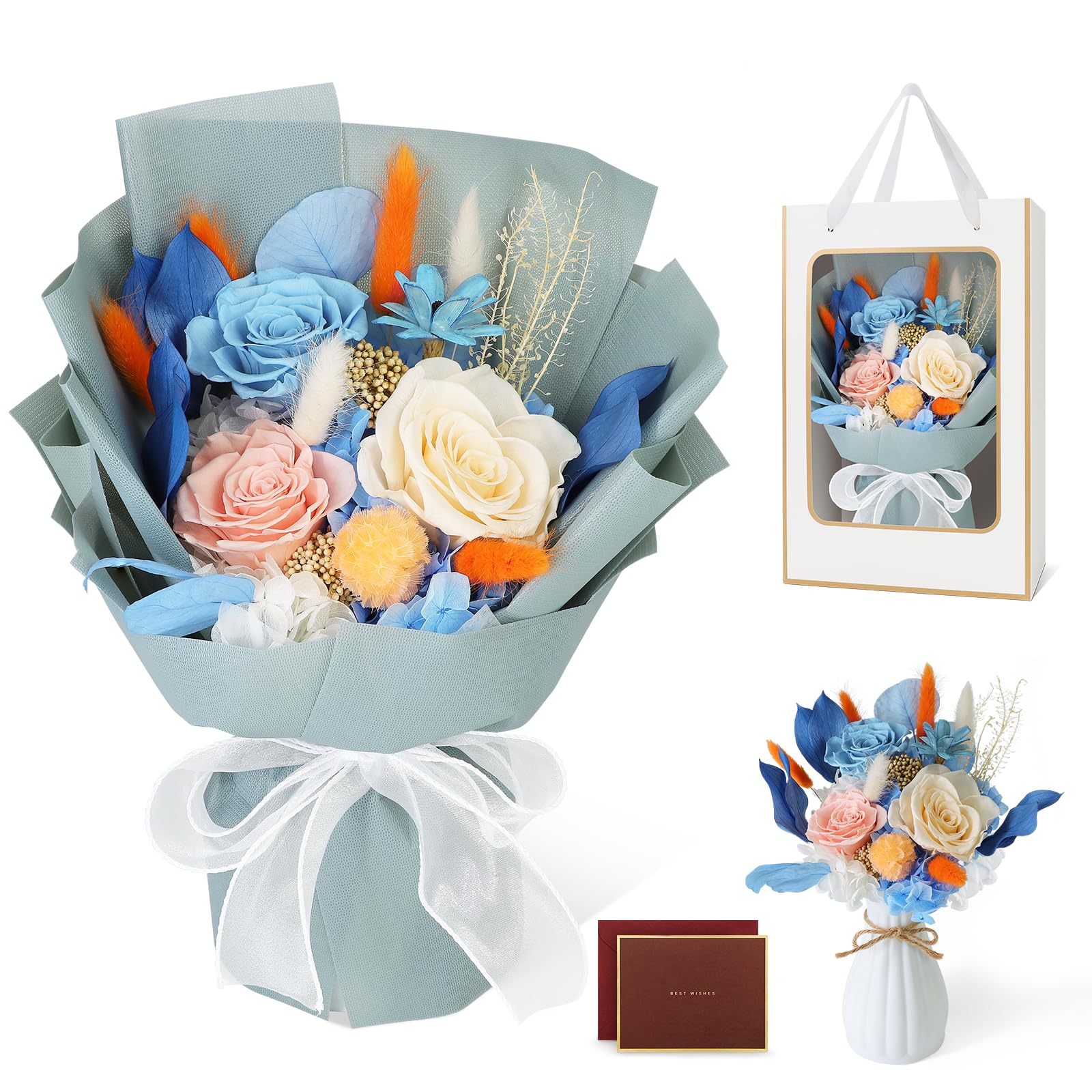 【まとめ買いで最大1000円OFFクーポン!】【送料無料】プリザーブドフラワー 枯れない花 花束 薔薇 香りあり 花瓶付き 枯れない花 最適プロポーズ 誕生日、記念日、バレンタイン、卒業式 ホワイトデー お返し 女性 人気 ブーケ オレンジブルー