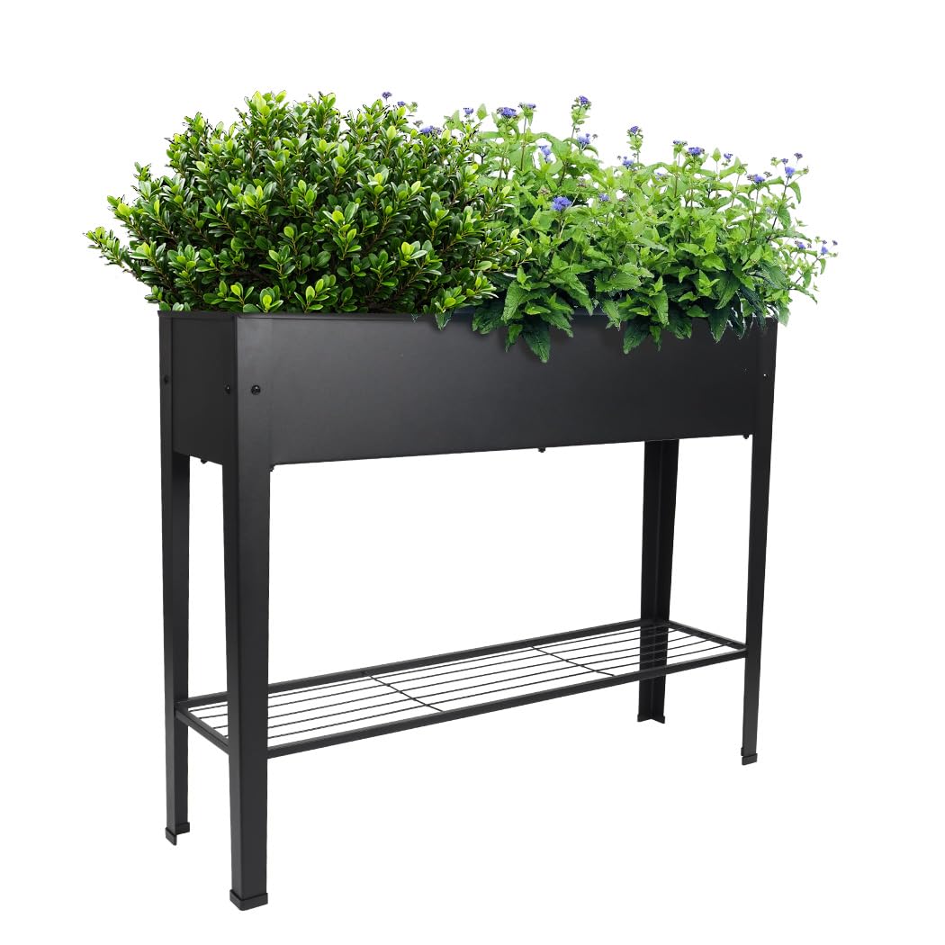 【まとめ買いで最大1000円OFFクーポン!】【送料無料】プランター プランタースタンド 大型 屋外 長方形 高床式 脚付き 家庭菜園 スリム レイズドベッド 棚付き ベランダ テラス 庭 おしゃれ 花 観葉植物 野菜 (ブラック L)