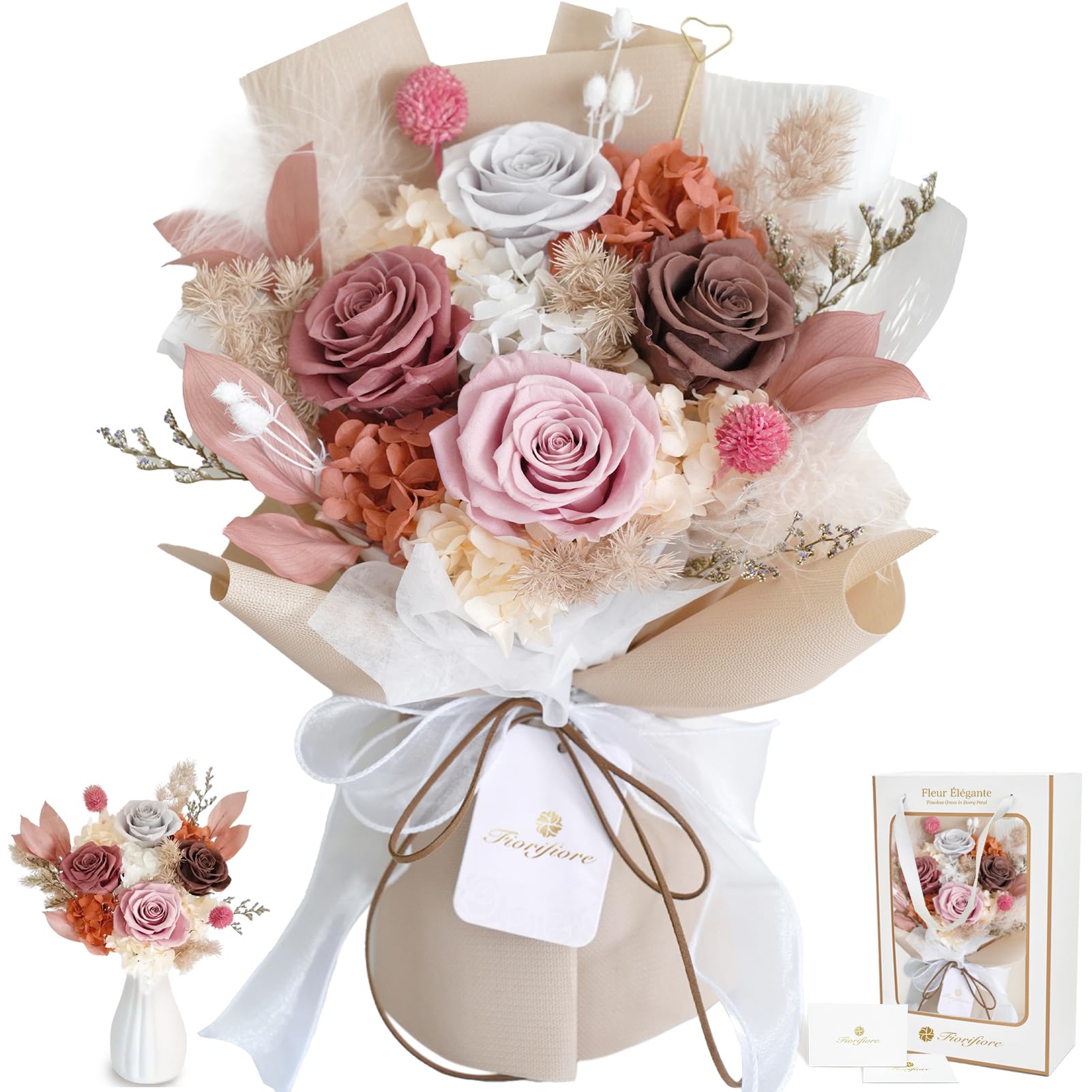 【まとめ買いで最大1000円OFFクーポン!】【送料無料】母の日 プリザーブドフラワー ブーケ 4輪 薔薇花束 自立式 ギフトボックス付き 誕生日 結婚祝い プレゼントに最適 インテリアドライフラワー Vintess