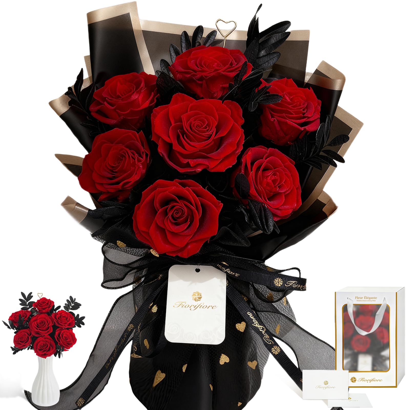 【まとめ買いで最大1000円OFFクーポン!】【送料無料】プリザーブドフラワー ブーケ 7輪 赤 薔薇花束 自立式 ギフトボックス付き 記念日 結婚祝い プロポーズ バレンタインデー プレゼントに最適 Rosveil