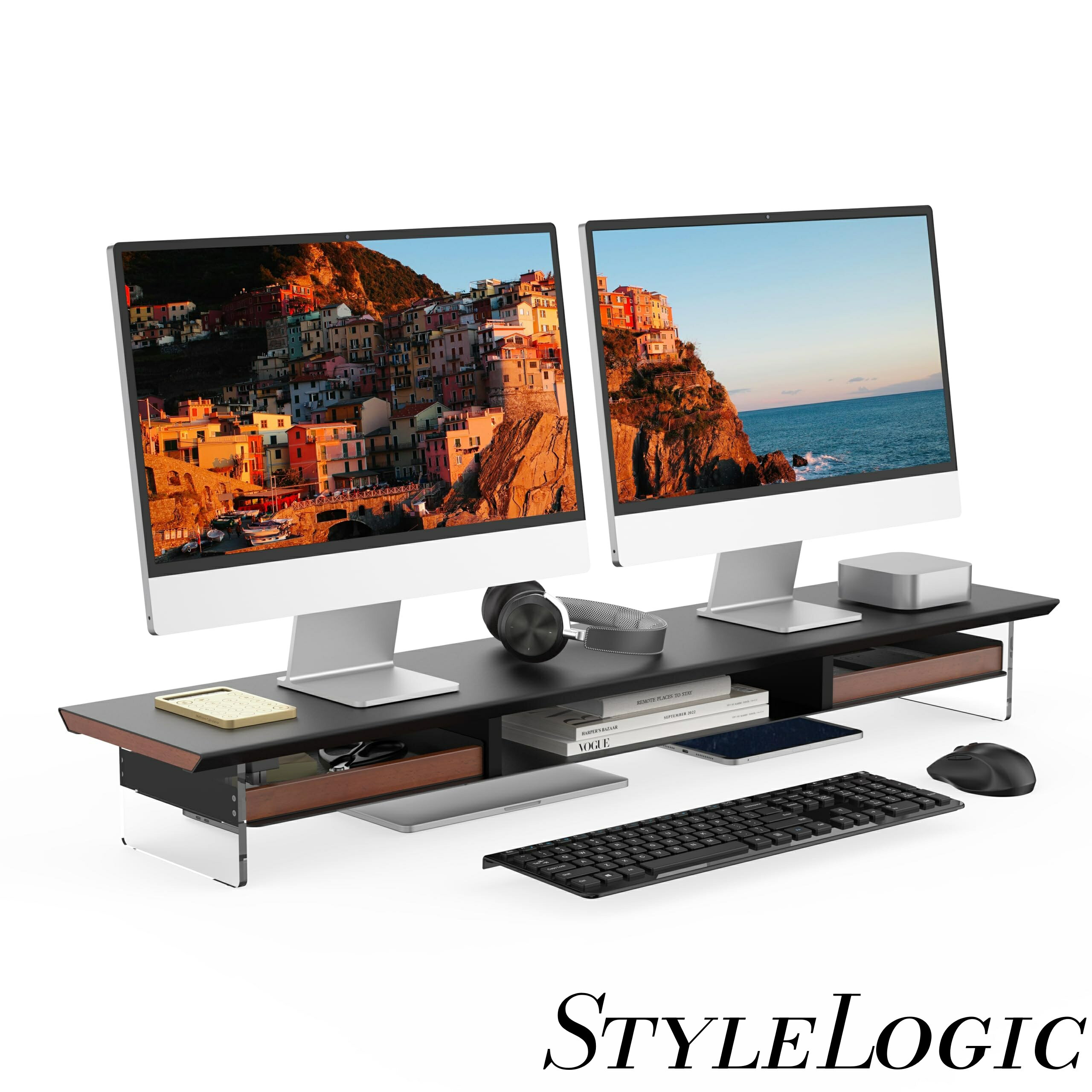 【デザイン性と機能性を両立したモニター 台】モニター だいは透明感と現代性を兼ね備えたアクリル脚、高級感ある金属製天板と無垢材を組み合わせた斬新なデザインです。透明なアクリル板は圧迫感がなく、デスクトップに浮いているような感覚を与えます。無...