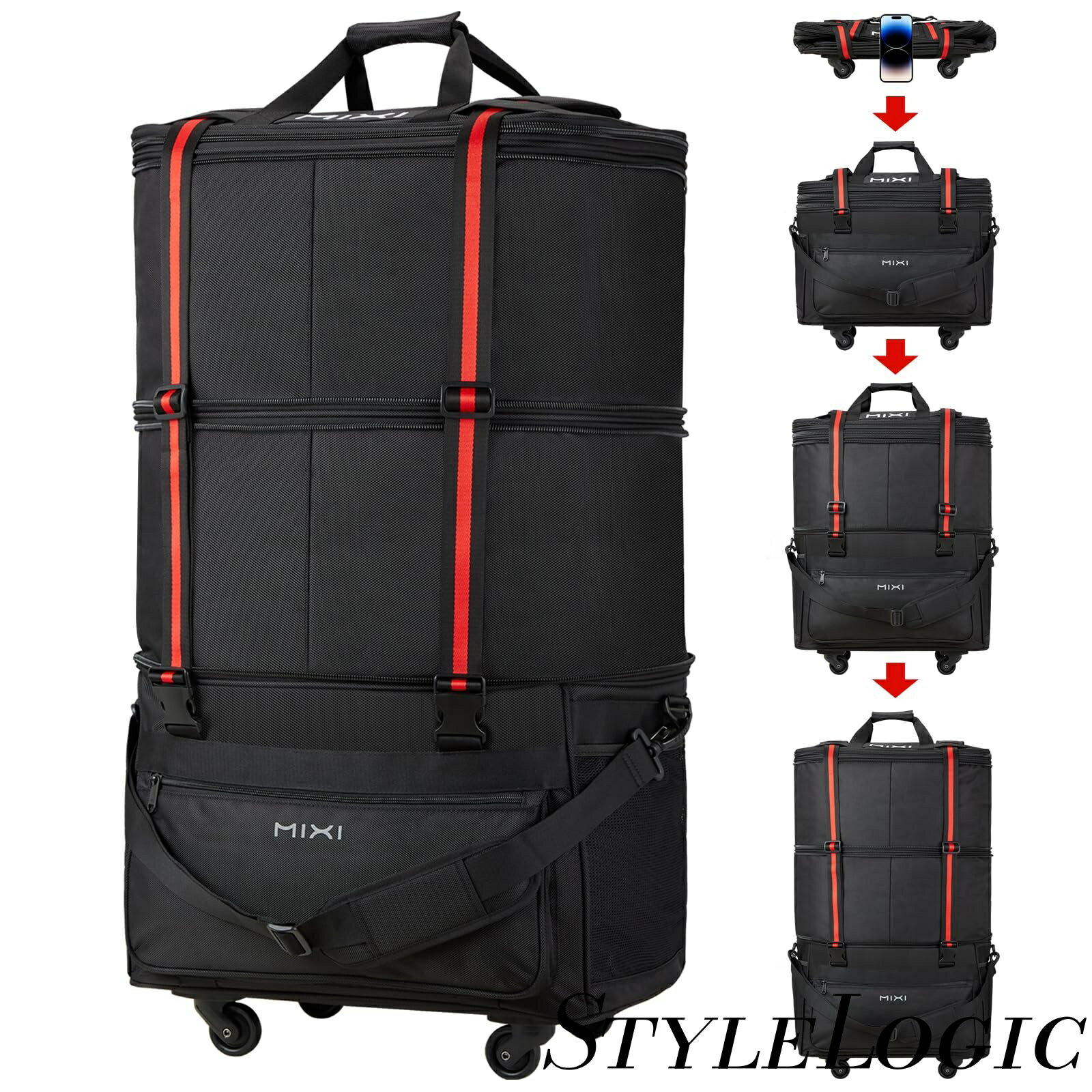 【まとめ買いで最大1000円OFFクーポン!】【送料無料】折りたたみ式スーツケース 拡張機能付 3段階容量調整可能 58L/90L/120L コンパクト収納可 レディース メンズ ソフトキャリーケース 静音キャスター 撥水性 多機能ポケット付き 旅行 出張用 釣り（ブラック）