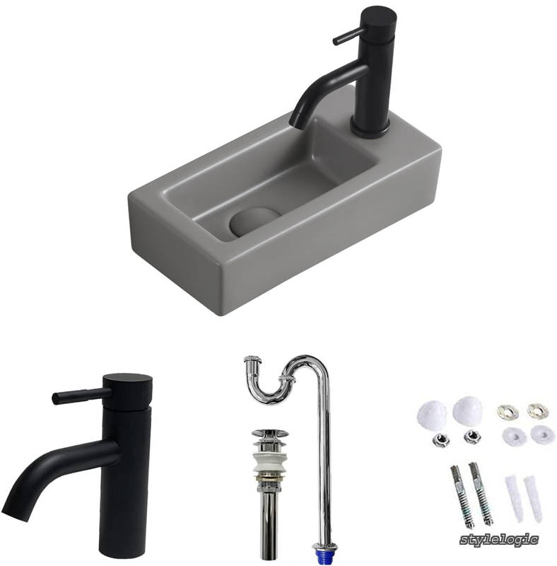 Rakuten - 【送料無料】手洗い器 壁掛け グレー 手洗器 コンパクト 小型洗面ボウル ミニ型 洗面台 おしゃれ 手洗いボウル 壁付け型 陶器 手洗い台 375*190*95mm (右)