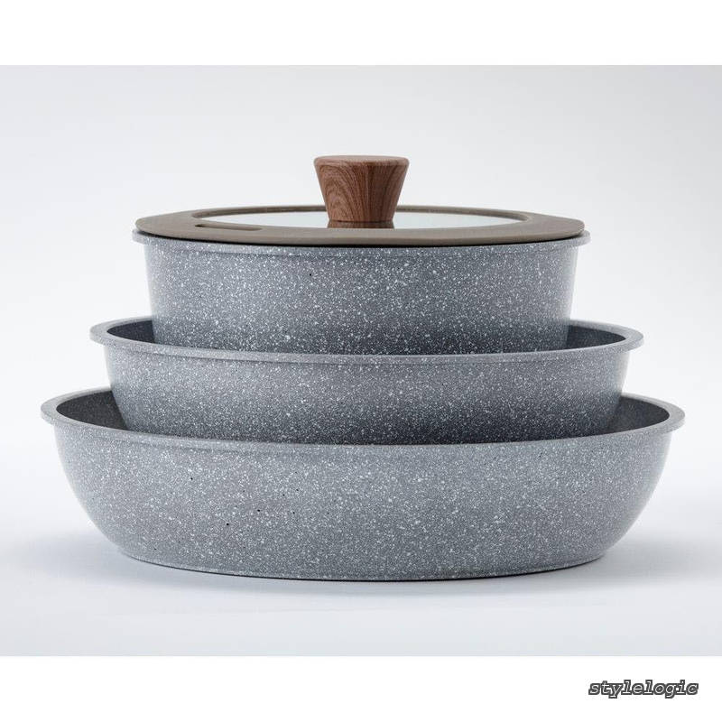 Rakuten - 【送料無料】IH・ガス火対応 取っ手が外せる ストーンマーブル フライパン 5点セット 鍋18cm フライパン22cm 26cm 蓋・ハンドル付き 収納簡単 鍋 フライパンセット