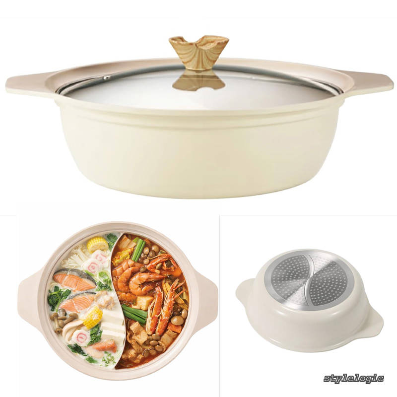 Rakuten - 【送料無料】仕切り鍋 約28cm 3-5人用 両手鍋 2食鍋 ガス火 IH対応 ガラス蓋付 軽量タイプ セラミック加工 異なる味でも一緒に煮込める 鍋料理 火鍋 しゃぶしゃぶ 湯豆腐 おでん うどん ラーメン などに