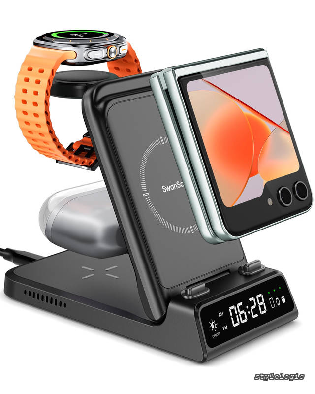 【送料無料】Watch専用】Samsung Z Flip対応 3in1 ワイヤレス充電器、Galaxy Watch 8/FE/Ultra/7/6/5/4＆Galaxy Z Flip 7/6/5/4/3シリーズ&Galaxy Buds適用、折り畳み 充電スタンド SwanScout 730FS（アダプター別売り）