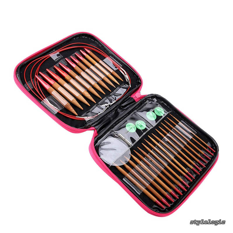 Rakuten - 【送料無料】手作り材料 DIY用品 編み針リング 編み棒 切り替え式 竹とアルミニウム製 耐久性 防錆性 PUバッグ付き 手芸用品 編み物道具