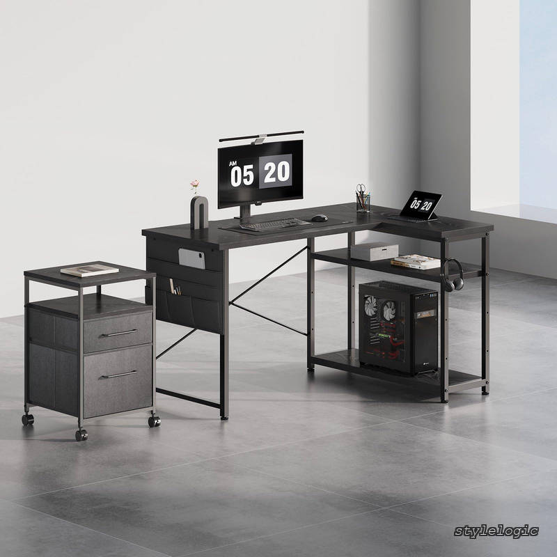 【送料無料】デスク 机 pcデスク パソコンデスク l字デスク 右棚左棚 幅120cm つくえ 棚板高さ調節可能 作業机 L字型 勉強机 リモートワーク ラック付き 黒い stylelogic-10035889 StyleLogic サンプル画像2