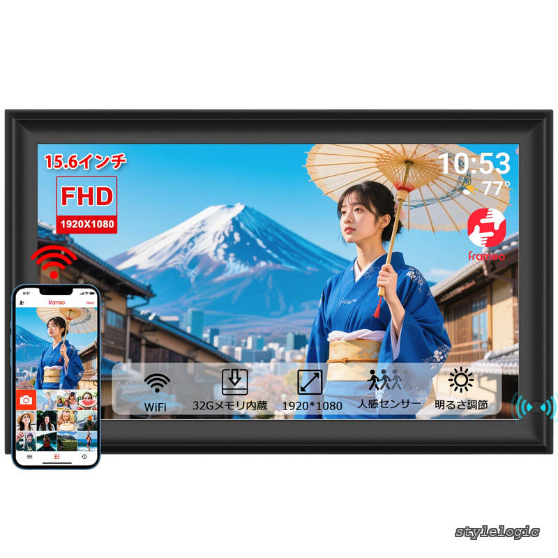 15.6 インチ デジタル写真フレーム 1920 x 1080 IPS FHD タッチ ・ スクリーン、デュアル WiFi、モーション センサー、自動回転を拡張します、壁マウント、Frameoアプリを介して写真やビデオを共有