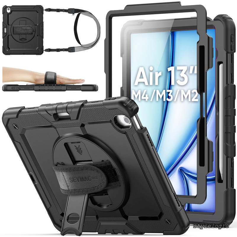 Rakuten - 【送料無料】stock 2026年/2025年/2024年 13インチiPad Air(M4/M3/M2)専用耐衝撃ケース 保護フィルム付き ペン収納 360°回転スタンド ハンドストラップ ショルダーストラップ 全面保護カバー iPad Air 13 2026/2025/2024専用型（ブラック）