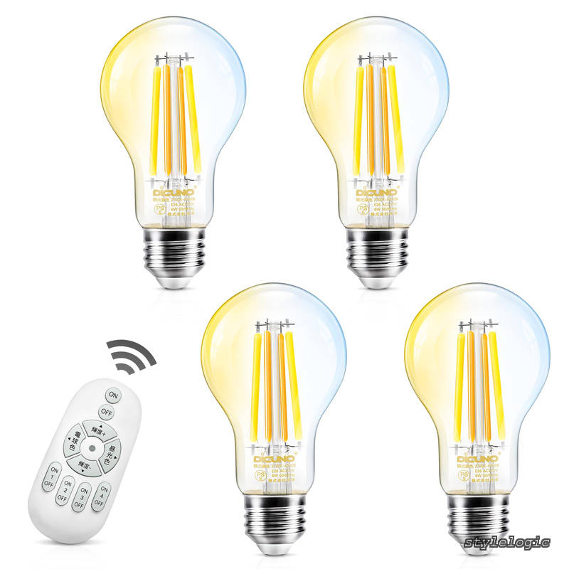 Rakuten - 【送料無料】LED電球 E26口金 60W形相当 フィラメント電球 6W 800lm 調光 調色 リモコン付き 電球色 昼白色 昼光色 常夜灯 全方向タイプ 遠隔操作 エジソン クリアタイプ 省エネ PSE認証済み A60 4個入（電池別売）