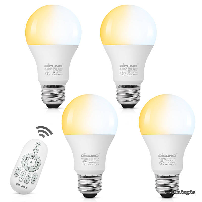 Rakuten - 【送料無料】LED電球 E26口金 60W形相当 調光 調色 リモコン付き 8W 810lm 電球色 昼白色 昼光色 常夜灯 一般電球形 広配光 遠隔操作 省エネ 高輝度 PSE認証済み A60 4個入（電池別売）
