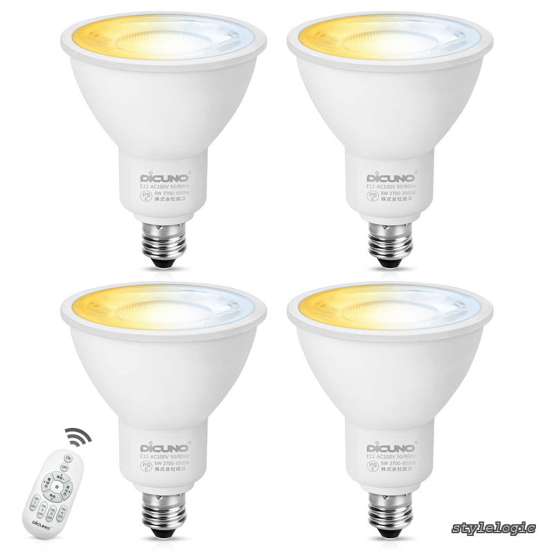 Rakuten - 【送料無料】LED電球 E11口金 50W形相当 5W 500lm LEDスポットライト 調光 調色 リモコン付き 電球色 昼白色 昼光色 常夜灯 2700K-6500K 広角 省エネ 高輝度 4個入（電池別売）