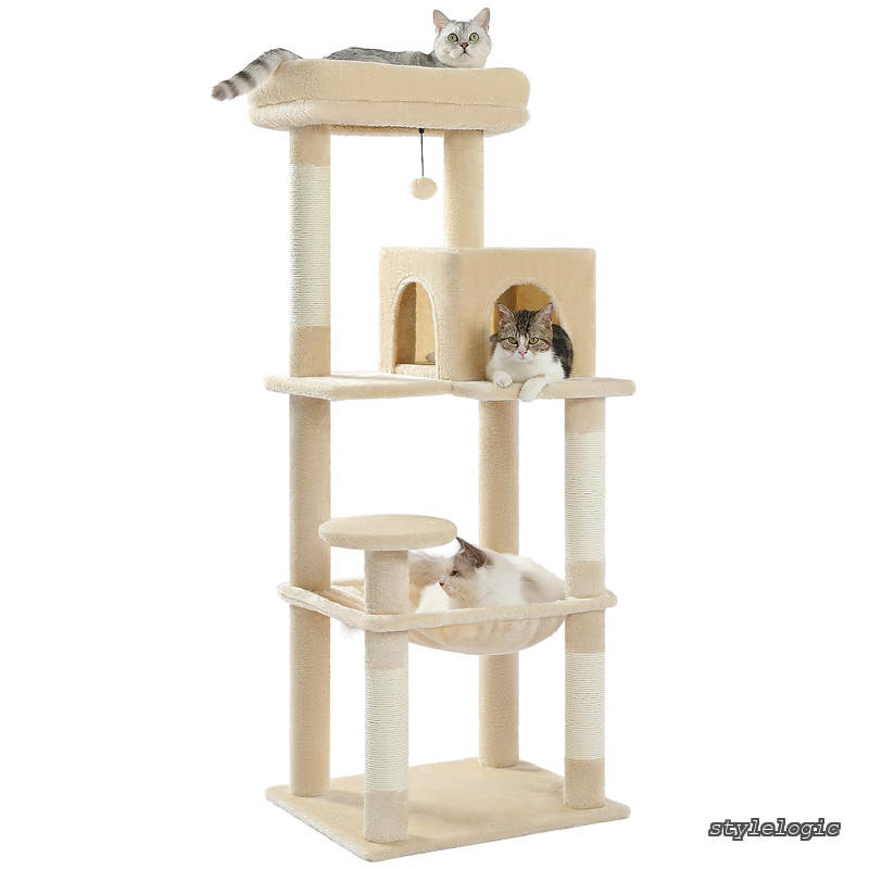 【送料無料】キャットタワー 猫タワー スリム 大型猫 据え置き 省スペース 登りやすい ハンモック 見晴台 ねこハウス ボンボン 天然麻紐 爪とぎ 運動不足解消 多頭飼い ベージュ 高さ143cm