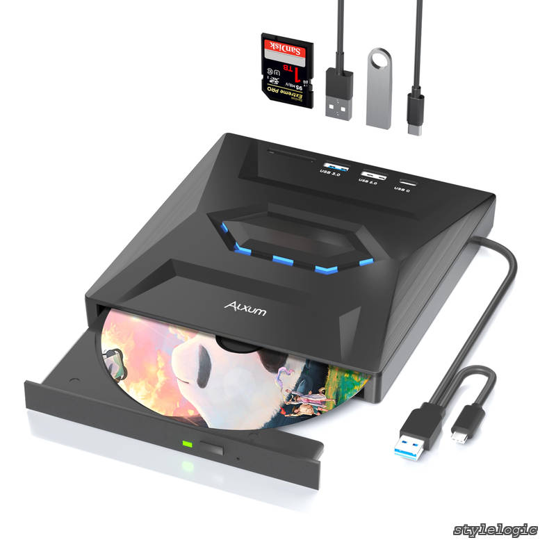 Rakuten - 【送料無料】超高速 CD/DVD ドライブ 外付け-ノートPC/デスクトップPC専用 5-IN-1 USB Type-C/USB 3.0 Aポータブル DVD 8倍速 CD 24倍速 レコーダー、SDスロット搭載、PC CDドライブ 外付け Window/Mac OS/Linux/Vista対応 黒