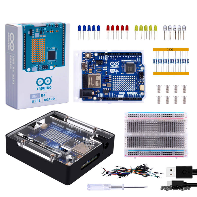 学生用スターターキット (Arduino UNO R4 WiFi 用)、公式 UNO R4 WiFi ボード、透明アクリルカバー付き金属ケース、400 穴テストボード、USB-C ケーブル付き