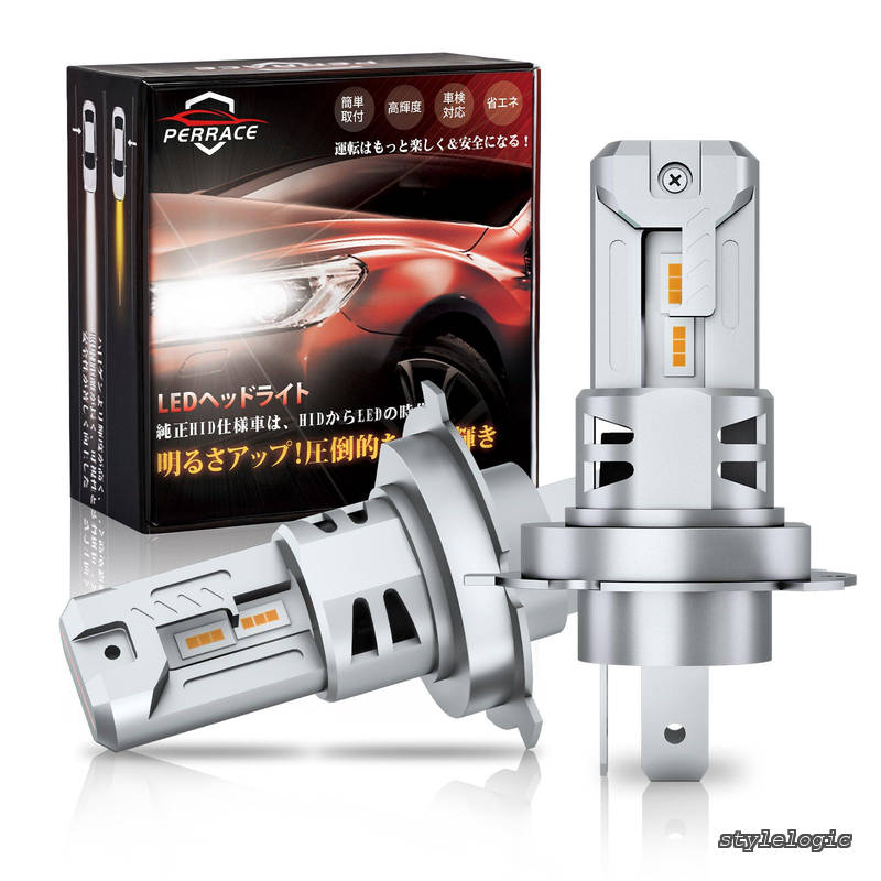 Rakuten - 【送料無料】h4 led 電球色】Perrace h4 LED ヘッドライト バイク/車用 HI/LO切替 4300K ハロゲン色 電球色 暖色 24000LM 爆光 省エネ 25W ポン付け 12V/24V車用 三重放熱 ファン付き 長寿命 車検対応 ノイズ抵抗内蔵 2個入り