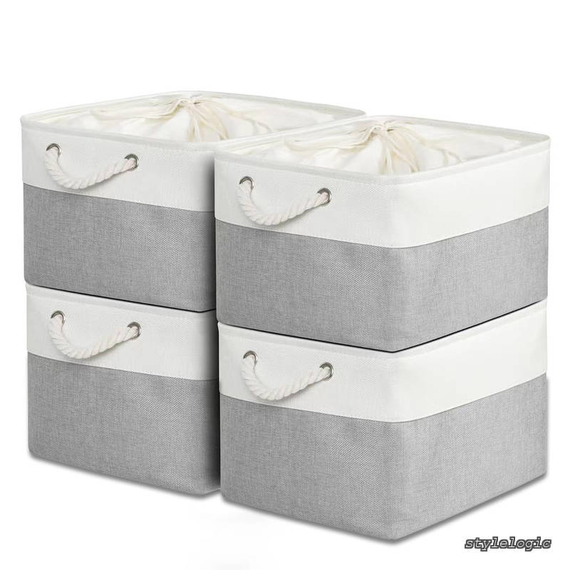 Rakuten - 【送料無料】収納バスケット 収納かご 4個セット 幅40×奥行30×高さ24cm 巾着式ふた付き 折りたたみ 大容量 収納ケース おしゃれ 天然綿麻 無臭 服/小物/衣類/CD/DVD/マンガ/書類/おもちゃ クローゼット収納箱 引き出し 取っ手付き 防水防塵 高耐久性 （ホワイト・グレー）
