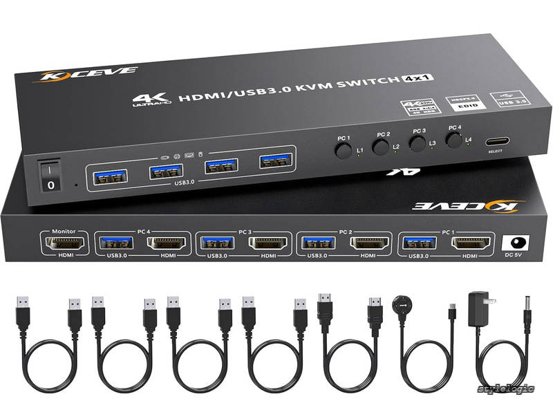 Rakuten - 【送料無料】HDMI USB3.0 KVMスイッチ 4入力1出力、4K@60Hz対応 EDIDエミュレーション搭載、USB3.0ポート×4、4台PCと1台モニター切替、キーボード マウス共有、ドライバー不要、手元スイッチ付き