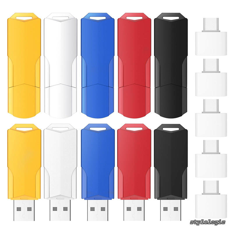 【送料無料】USBメモリ10個セット Wooolken USB 2.0 サムドライブ 5個セットUSB C アダプタとストラップ付きデータストレージ用 USB フラッシュメモリ