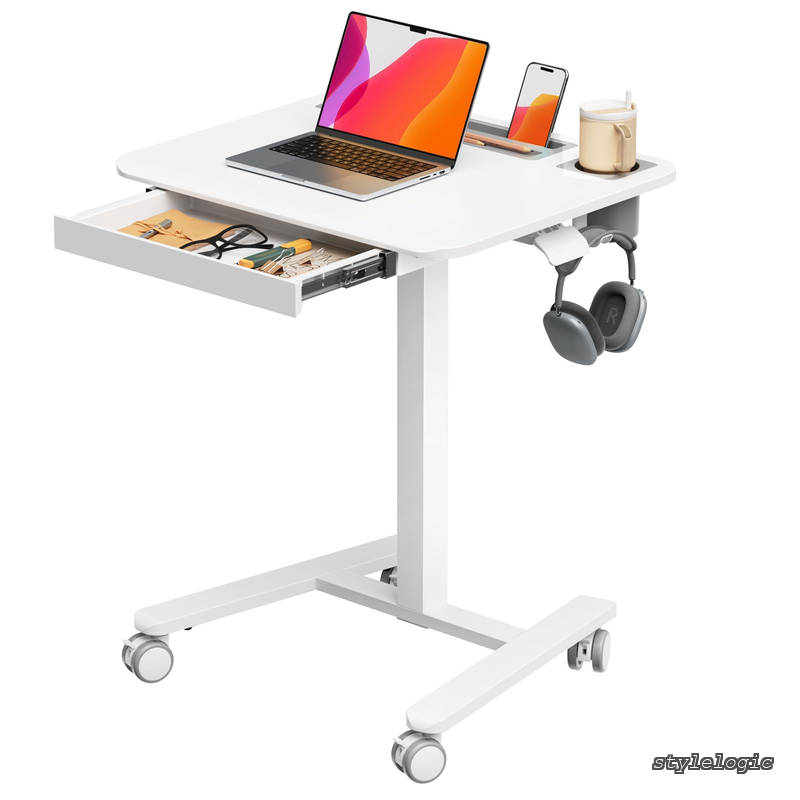 Rakuten - 【送料無料】MOUNTS 昇降デスク 小さめ 幅60cm×奥行き50cm 高さ調節74.5cm-110cm 引き出し付き フック付き 移動式 スタンディングデスク キャスター2タイプ選択可能 天板耐荷重8kg 在宅学習/テレワーク用 パソコンデスク Pad用溝付き カップホルダー付き 組立簡単 ホワイト