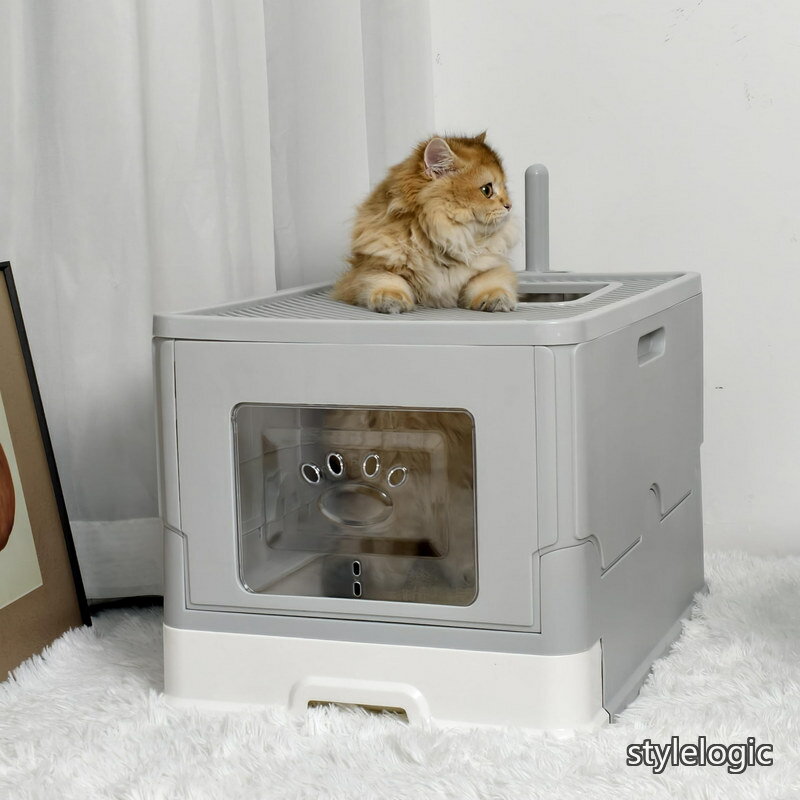 Rakuten - 【送料無料】大型猫トイレ本体 上から入る フルカバー キャットトイレ 蓋付き 引き出し 砂が飛び散らない 屋根付き 大きいサイズ おしゃれ フード付き ワイド コーナー 折りたたみ 扉付き 臭わない 密閉 箱型 グレー 掃除しやすい 成猫